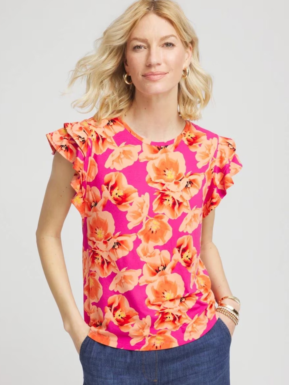 Chicos Touch of Cool Tropical Flutter Sleeve Tee Women’s Size 0 (Small)